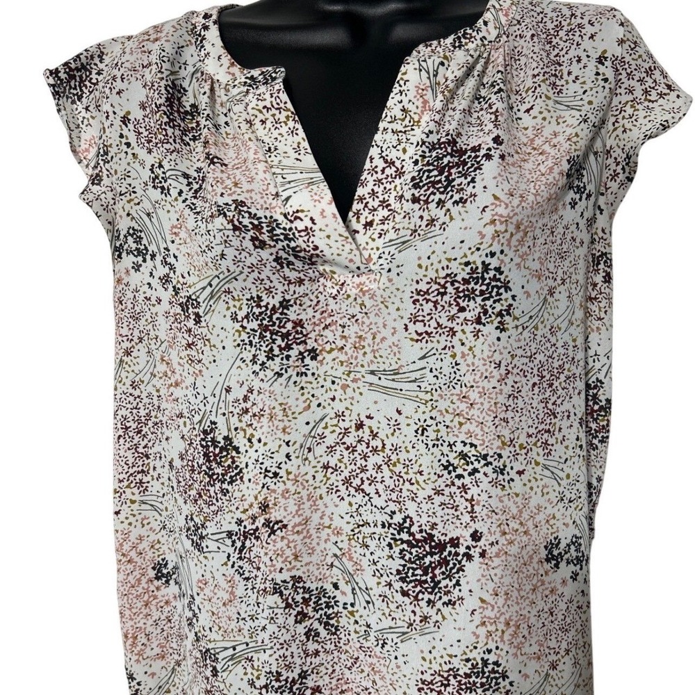 LOFT Outlet Womens Small Floral Mixed Media V-Neck Cap Sleeve Blouse White Pink